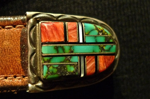 Southwestern Ranger Belt Buckle in Sterling Silver Spiny Coral and Turquoise Inlay