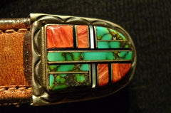 Southwestern Ranger Belt Buckle in Sterling Silver Spiny Coral and Turquoise Inlay