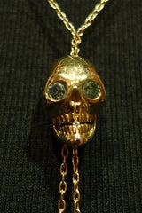 Mine 18K Yellow Gold Skull with Diamond Eyes Necklace and Sword Through Heart