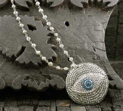 Roni Blanshay Pyrite Bead and Crystal Evil Eye Pendant Necklace