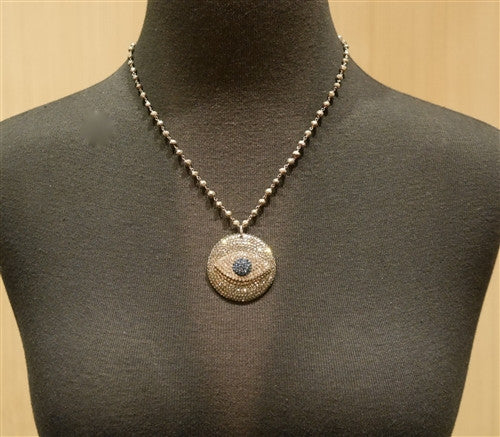 Roni Blanshay Pyrite Bead and Crystal Evil Eye Pendant Necklace