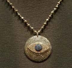 Roni Blanshay Pyrite Bead and Crystal Evil Eye Pendant Necklace