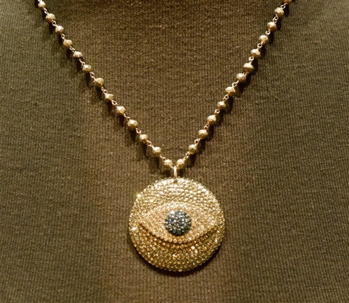 Roni Blanshay Pyrite Bead and Crystal Evil Eye Pendant Necklace