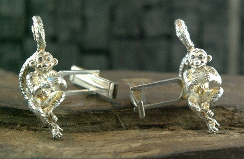 Le Petit Marcel Monkey Cufflinks in Silver with Black Diamond Eyes by Catherine Michiels