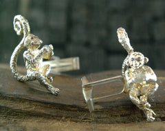 Le Petit Marcel Monkey Cufflinks in Silver with Black Diamond Eyes by Catherine Michiels