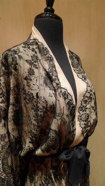 Jenny Packham Black Chantilly Lace and Nude Silk Robe