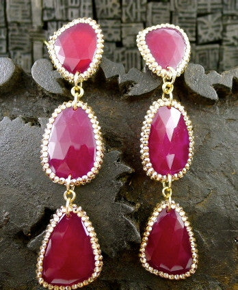 Roni Blanshay Triple Drop Crystal Red Earrings