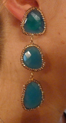 Roni Blanshay Peacock Blue Slice Crystal Encrusted Three Tier Drop Earring