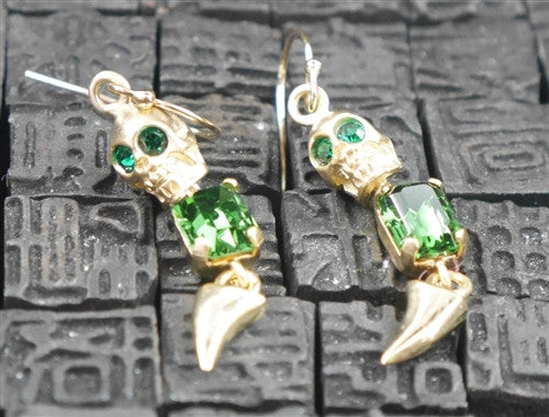 Michael Spirito Jewelry Skull with Emerald Swarovski Tooth Gold Plated Earrings