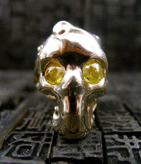 Lucifer Vir Honestus 18K White Gold Skull Ring with Yellow Diamond Eyes