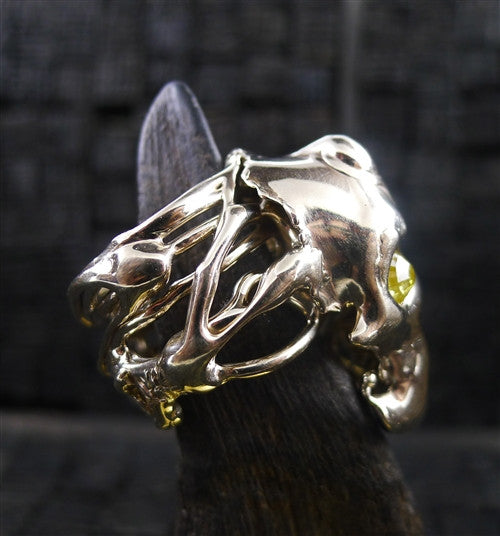 Lucifer Vir Honestus 18K White Gold Skull Ring with Yellow Diamond Eyes