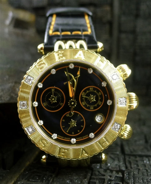 Seah Chronograph Saggitarrius Watch with Genuine Black Crocodile Strap with Orange Top Stitching with Diamonds