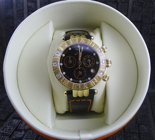 Seah Chronograph Saggitarrius Watch with Genuine Black Crocodile Strap with Orange Top Stitching with Diamonds