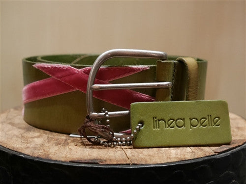 Linea Pelle Green Belt with Pink Velvet Embroidery