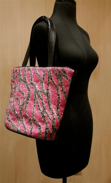 Joanna L'Huillier Large Hand Beaded Shocking Pink Shoulder Tote Handbag