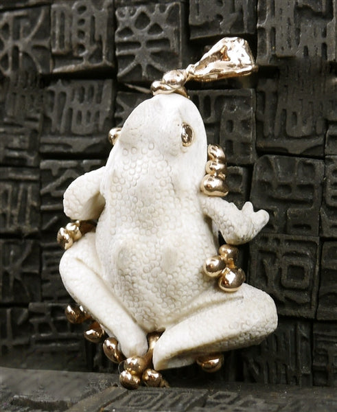 Lucifer Vir Honestus 18K Rose Gold and Carved Bone Frog Pendant/Brooch with Diamond Eyes