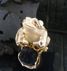 Lucifer Vir Honestus 18K Rose Gold, Diamond and Petrified Buffalo Bone Frog Ring