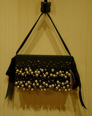 Bernard Chandran Black Silk, Golden Pearls, and Crystal Evening Bag