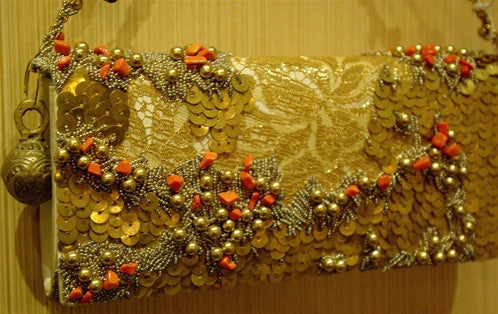 Bernard Chandran Embellished Cream Silk, Golden Paillettes, Brass Bells, and Coral Beads Evening Bag