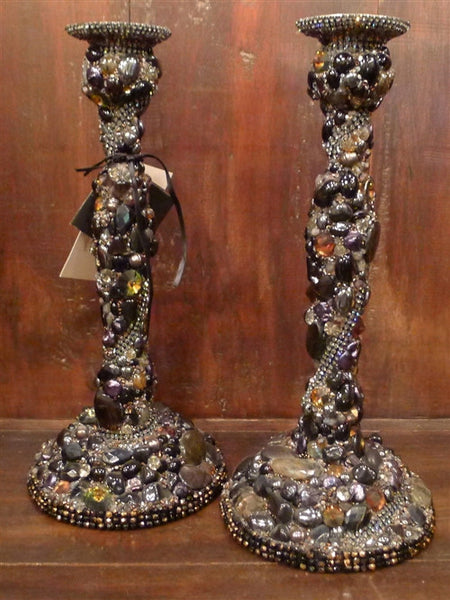 Pair of Handsigned Cloutier Custom Gem and Crystal Encrusted Candlesticks