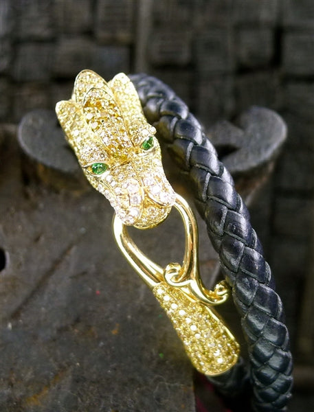 Wendy Yue 18K Yellow Gold and Diamond Dragon Bracelet on Braided Leather Strap