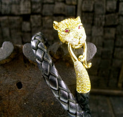 Wendy Yue 18K Yellow Gold and Diamond Tiger Bracelet on Braided Leather Strap