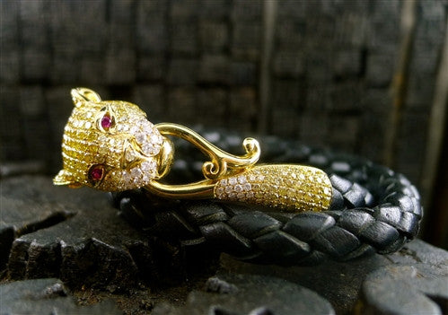 Wendy Yue 18K Yellow Gold and Diamond Tiger Bracelet on Braided Leather Strap