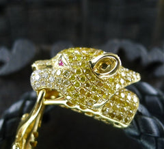 Wendy Yue 18K Yellow Gold and Diamond Tiger Bracelet on Braided Leather Strap