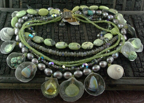 LA Moonstones, Opals, Chalcedony  Graduating Strands of  Shell, Bead, and Stone Necklace
