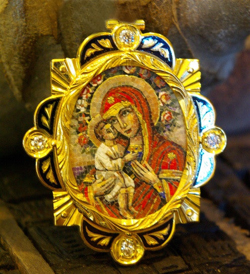 Russian 18K Yellow Gold and Diamond Micro Mosaic Pendant of Madonna and Child