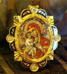 Russian 18K Yellow Gold and Diamond Micro Mosaic Pendant of Madonna and Child