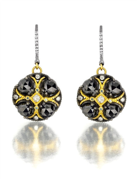 SUNEERA Poppy Earrings Blackened Silver and 18K Gold, Black Spinels, Emerald and Diamonds Earrings