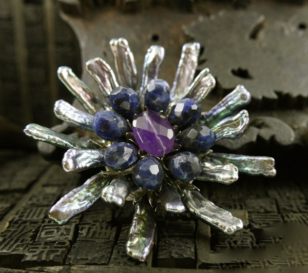 Siman Tu Peacock Biwa Pearl Brooch/Pin with Amethyst and Sodalite Center