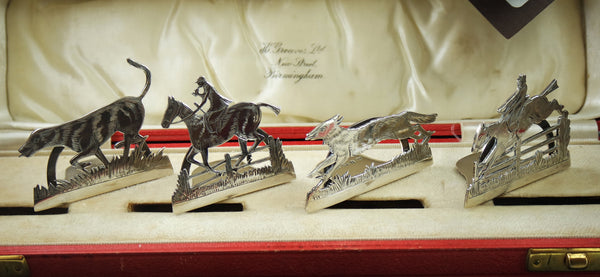 Hand Engraved Sterling Silver Place "Fox Hunt" Card Holders circa 1913 with Chats