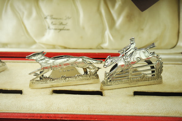 Hand Engraved Sterling Silver Place "Fox Hunt" Card Holders circa 1913 with Chats