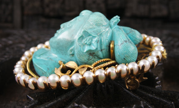 Estate Finely Carved Turquoise, and Pearl Brooch and Pendant