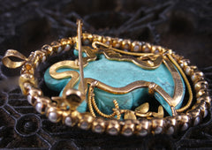 Estate Finely Carved Turquoise, and Pearl Brooch and Pendant