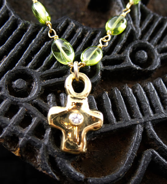 Erica Courtney 18K Yellow Gold, Peridot, and Diamond Cross Necklace