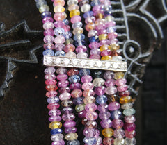 Very Fine Natural Multi Colored Sapphire Necklace with Diamond Bar Stations