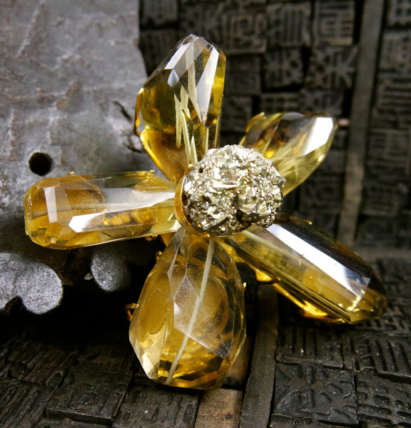 Siman Tu Lemon Citrine and Pyrite Flower Brooch