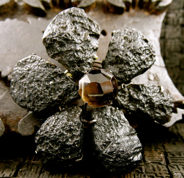 Siman Tu Black Volcanic Lava and Smoky Topaz Brooch