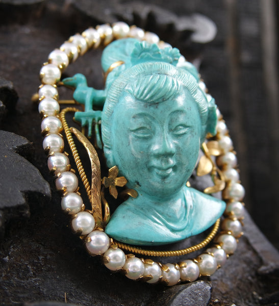 Estate Finely Carved Turquoise, and Pearl Brooch and Pendant