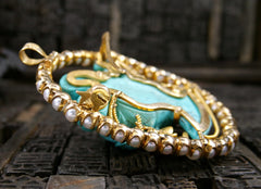 Estate Finely Carved Turquoise, and Pearl Brooch and Pendant