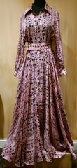 Jenny Packham Pink and Coco Brown Croc Printed Silk Belted Floor Length Shirt Dress