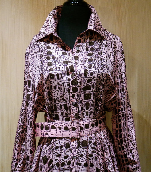 Jenny Packham Pink and Coco Brown Croc Printed Silk Belted Floor Length Shirt Dress