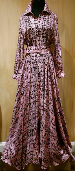 Jenny Packham Pink and Coco Brown Croc Printed Silk Belted Floor Length Shirt Dress