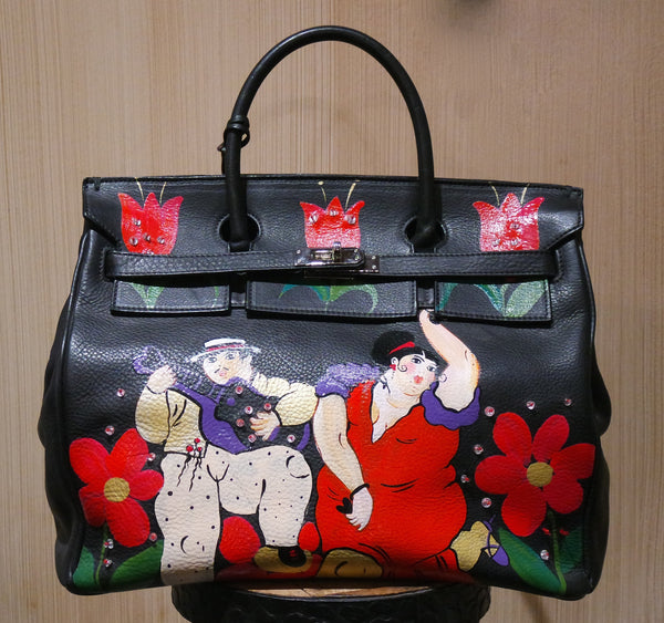 Hand Painted Suarez "Botero" Birkin Style Hand Bag with Couple Dancing and Spanish Love Quote