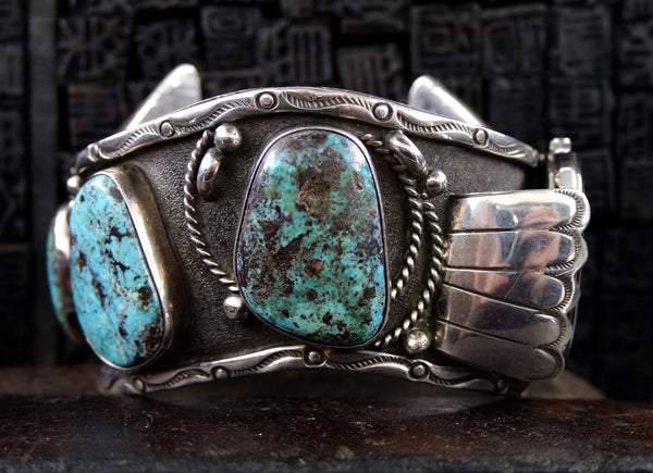 Vintage Southwestern Silver and Turquoise Curved Watchband