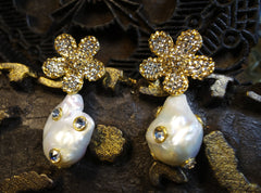 Roni Blanshay Pearl Drop Earring with Golden Swarovski Crystal Flower Top