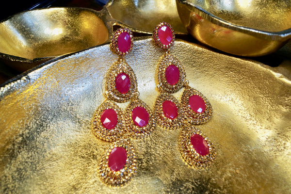 Roni Blanshay Triple Chandelier Earring in Red with Gold Crystals